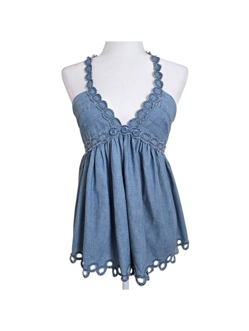 Y2K Moda International Womens Blue Chambray Babydoll Halter Top Small Cottage